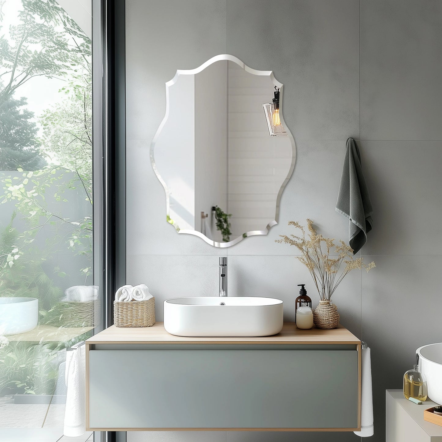 Wisfor Wall Mirror Frameless Scalloped Beveled Edge Polished 60cm Bathroom