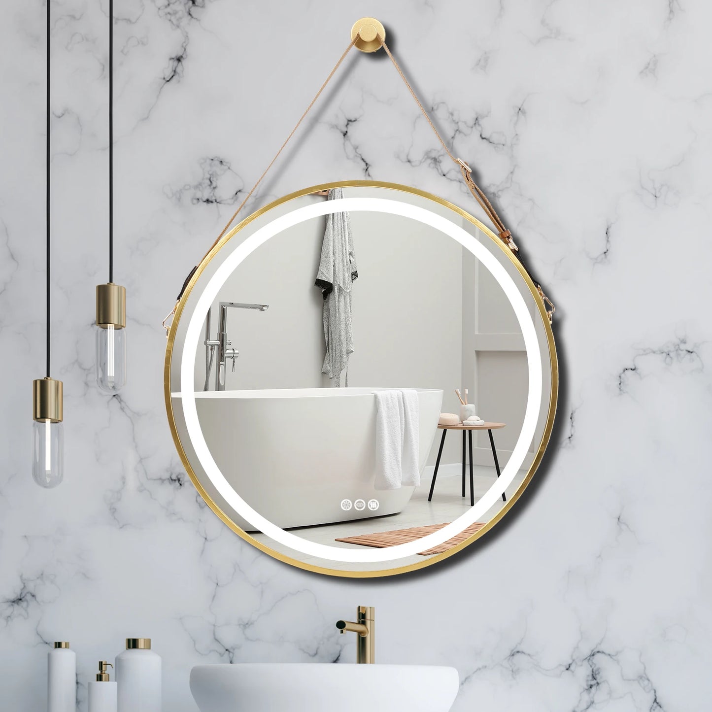 Wisfor Frame Round Mirror,Round Bathroom Mirror with Light,Wall Mounted Lighted Vanity Mirror, Anti-Fog & Dimmable Touch Switch