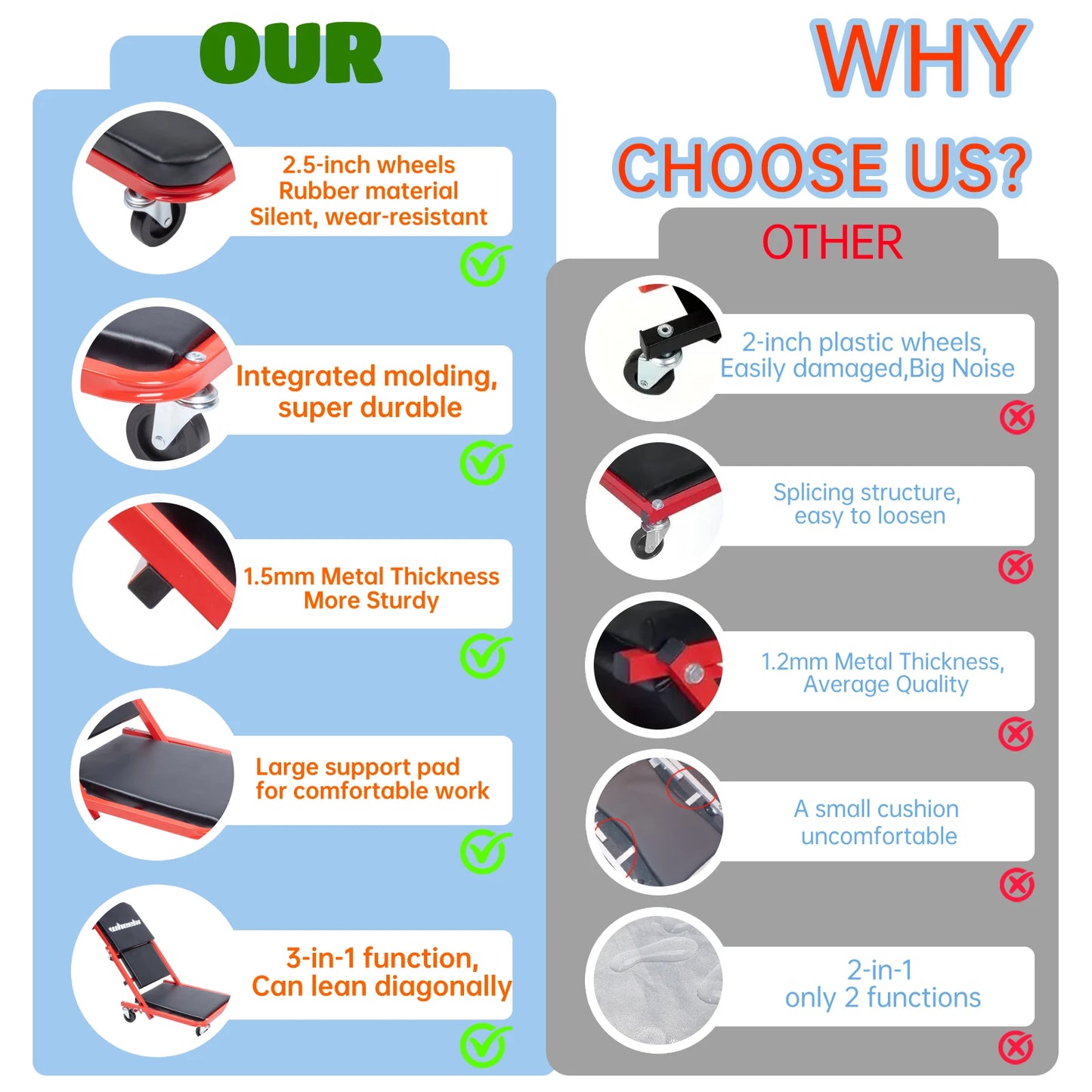 3-in-1 Rolling Mechanic Creeper Z Seat, Foldable Garage Chair Lay Down Sit Lean Back, Under Car Shop Auto Repair, Red Black