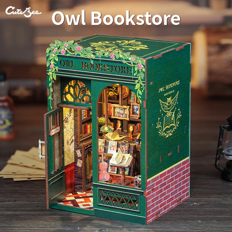 Cutebee 3D Wooden Puzzle Miniature Model Kits Owl Bookstore Mini DIY Doll House Home Decor for Family Unique Birthday Gifts