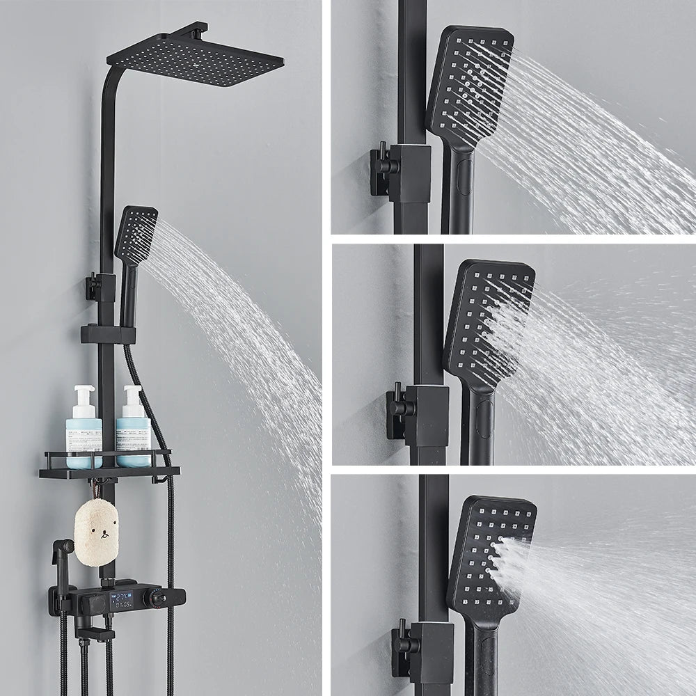 Rozin Black Smart Thermostatic Shower Faucet Set With Digital Mixer Rainfall