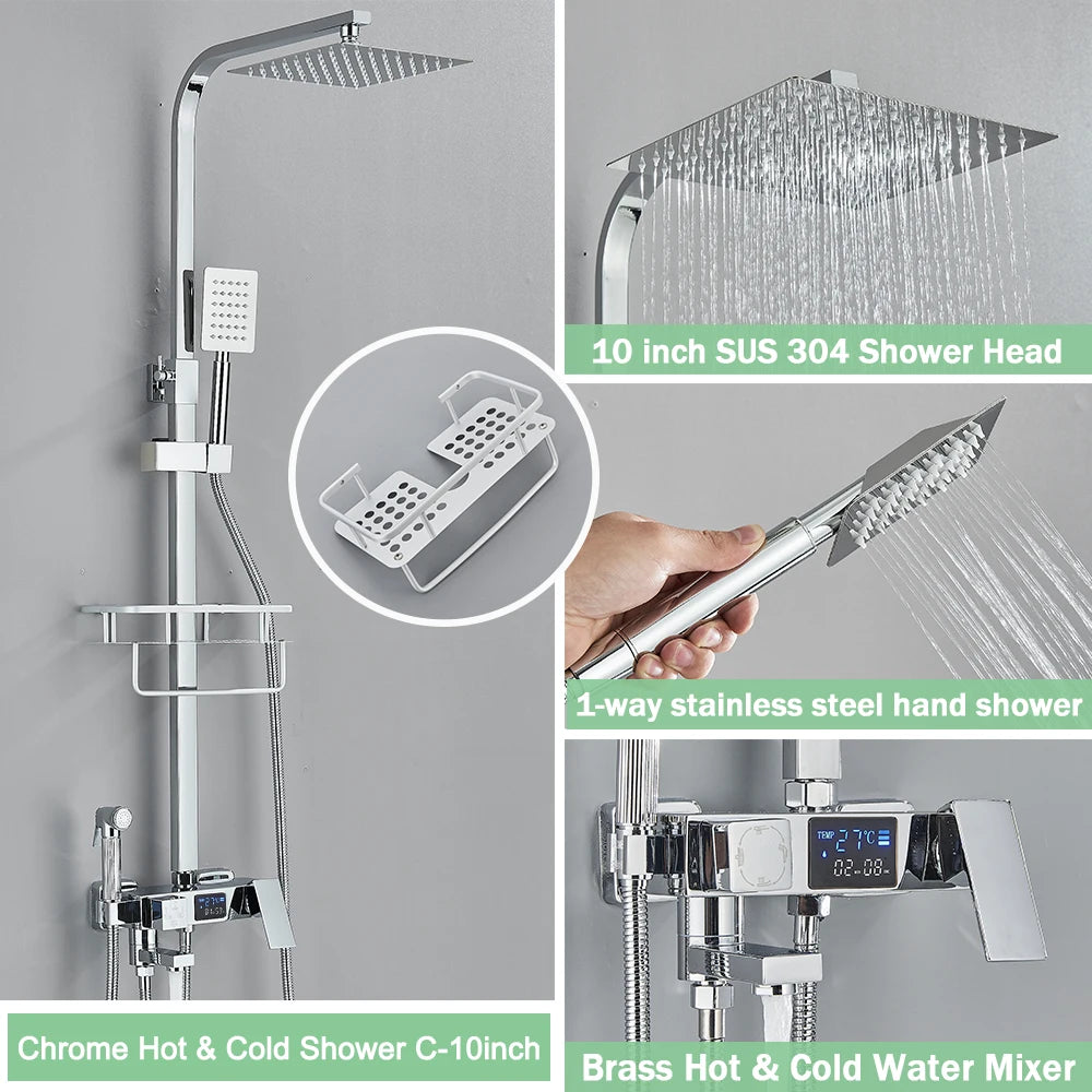 Rozin Black Smart Thermostatic Shower Faucet Set With Digital Mixer Rainfall