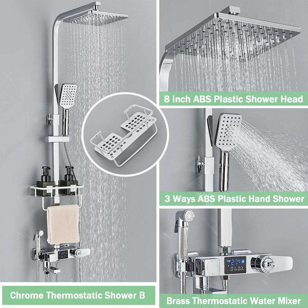 Rozin Black Smart Thermostatic Shower Faucet Set With Digital Mixer Rainfall