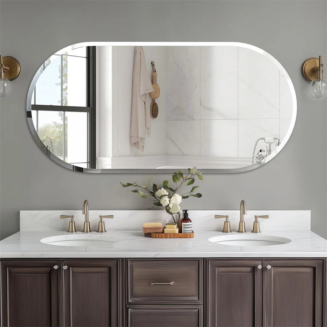 LUVODI Frameless Long Oval Vanity Mirror Beveled Edge Silver Glass Wall Decor