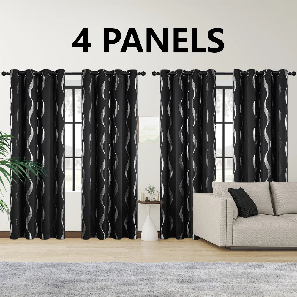 4PCS Blackout Curtains Grommet Thermal Insulated Room Darkening  With Wave Foil Printed For Bedroom