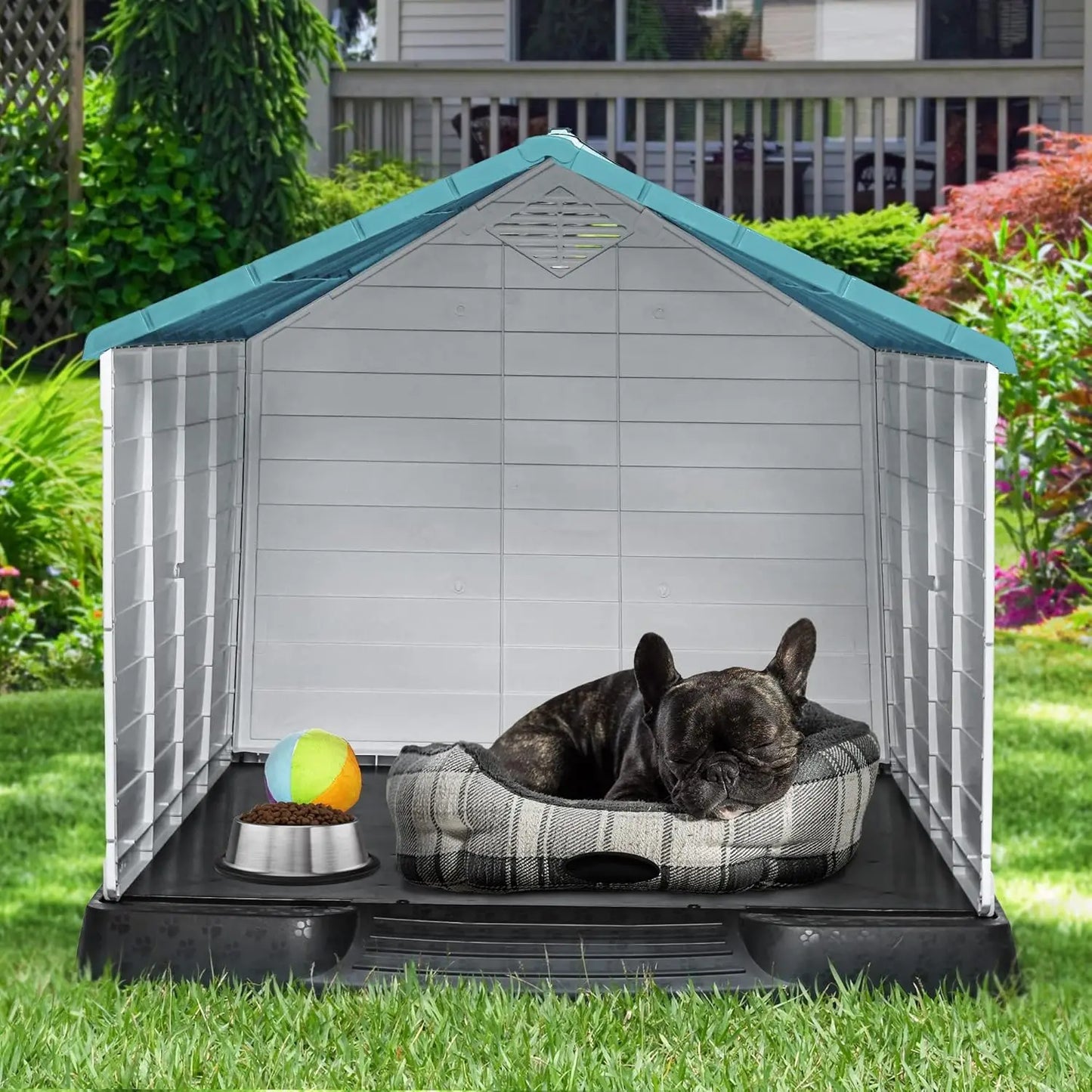 28.5'' Plastic Dog House Outdoor Indoor Doghouse Puppy Shelter Water Resistant Easy Assembly Sturdy Dog Kennel with Air Vents