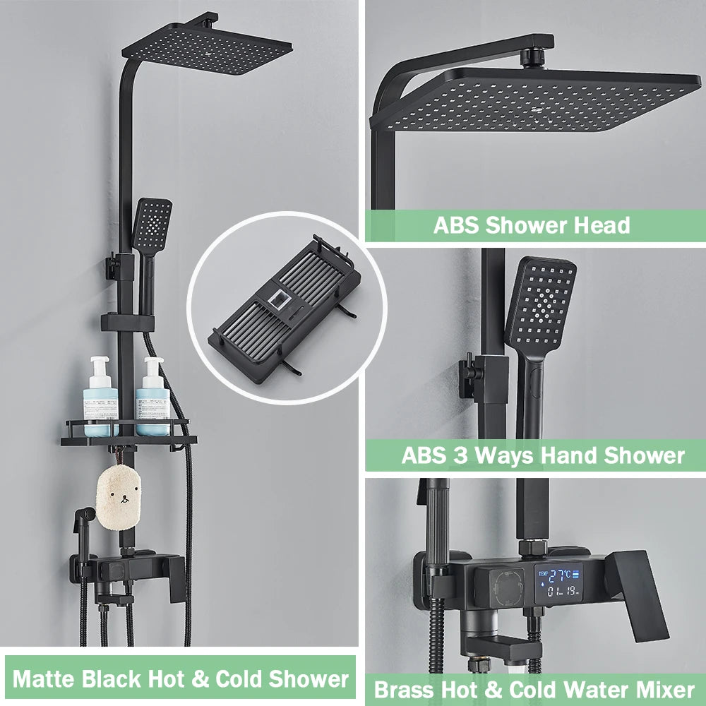 Rozin Black Smart Thermostatic Shower Faucet Set With Digital Mixer Rainfall