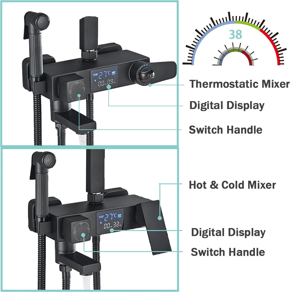Rozin Black Smart Thermostatic Shower Faucet Set With Digital Mixer Rainfall