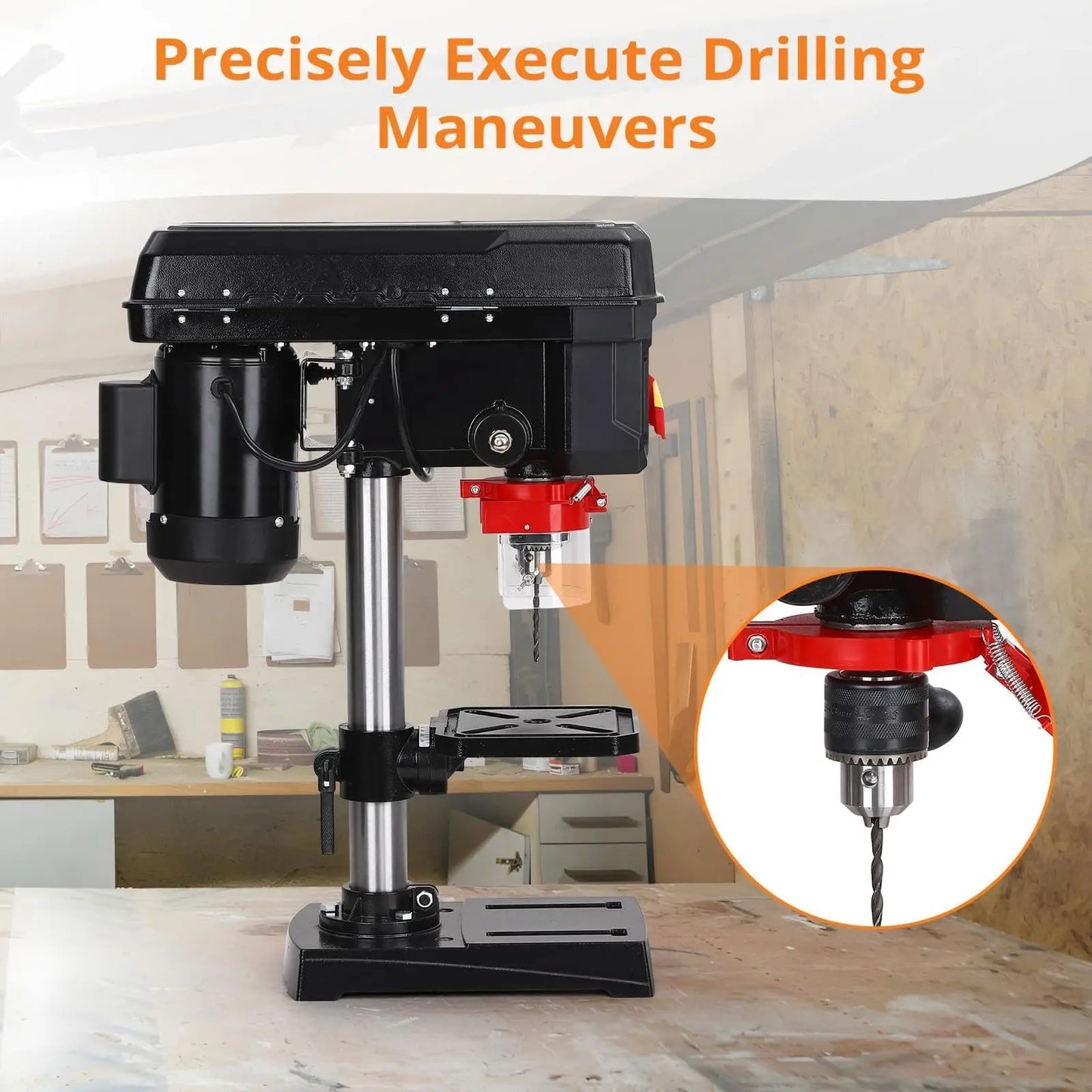 8 Inch Bench Drill Press, 2.5Amp, 5 Speed Adjustable, Swing Distance 0-45° Tilting, Controls Benchtop for Wood, Metal Drilling