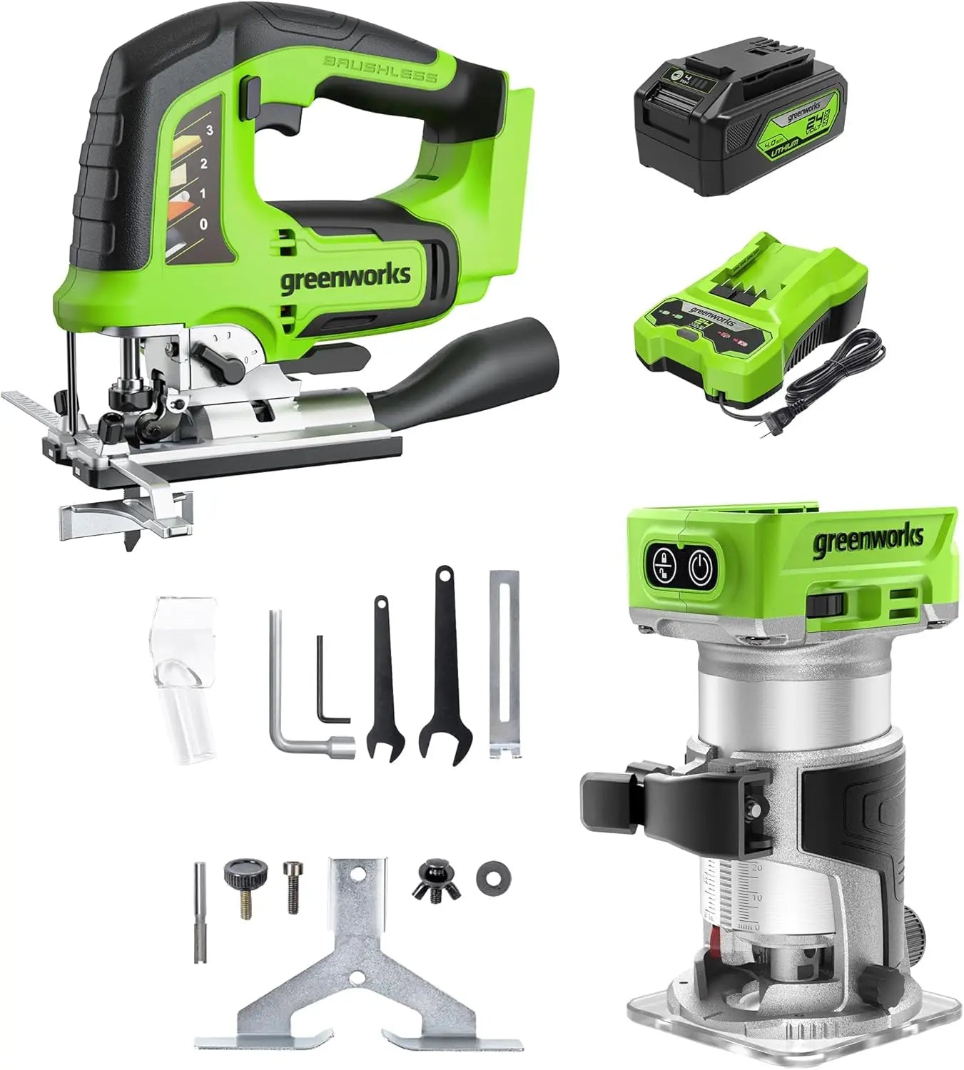 24V Brushless 2-Tool Combo Kit,Cordless Jig Saw+Wood Router Power Tool Sets Including Battery