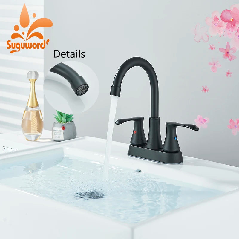 Black 4 Inch Center Set Vanity Faucet Two Handle Hot And Cold Water