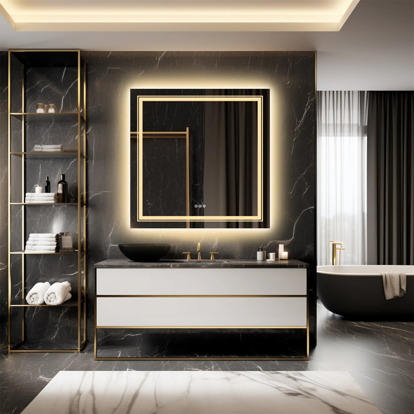 LED Square Wall Mirror IP65 Waterproof Dimmable Light Touch Sensor Demister Pad