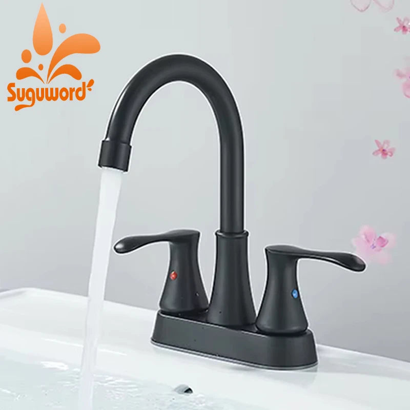Black 4 Inch Center Set Vanity Faucet Two Handle Hot And Cold Water