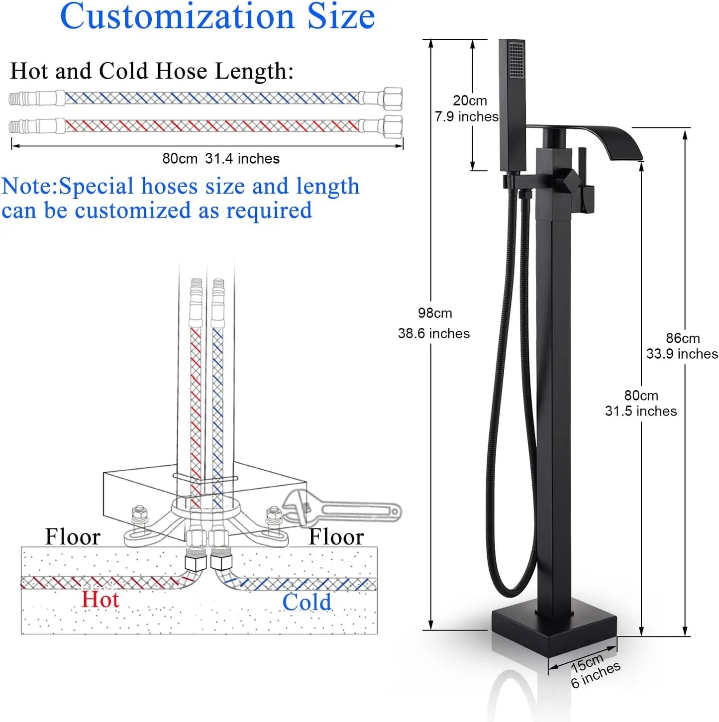 Black Waterfall Free Standing Tub Faucet With Hand Shower Brass Bathroom Faucets