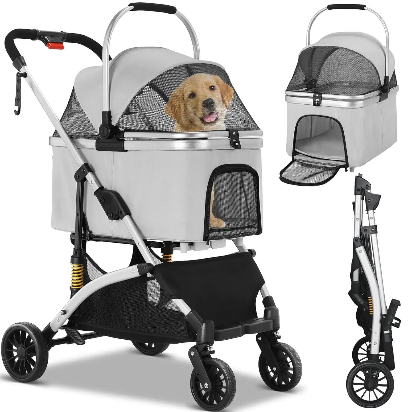 Dog Buggy 2 in 1 Stroller Dog Box Transport Foldable Cat Stroller, 360° Wear-resistant Rubber Wheels, with Storage Basket, 40kg