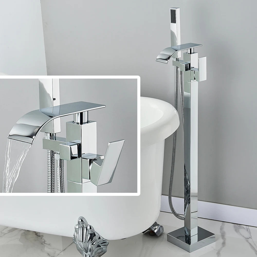 Black Waterfall Free Standing Tub Faucet With Hand Shower Brass Bathroom Faucets