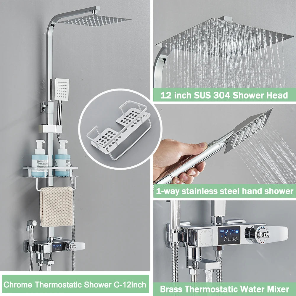 Rozin Black Smart Thermostatic Shower Faucet Set With Digital Mixer Rainfall