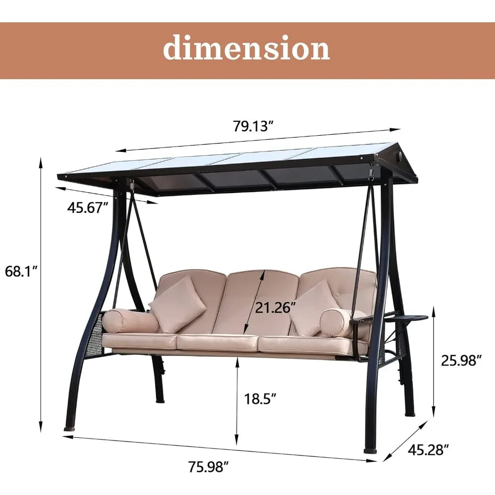 Outdoor Porch Swing with Polycarbonate Hardtop,  3 Seat Patio Swing with Convertible Backrest,  2 Side Cup Holder