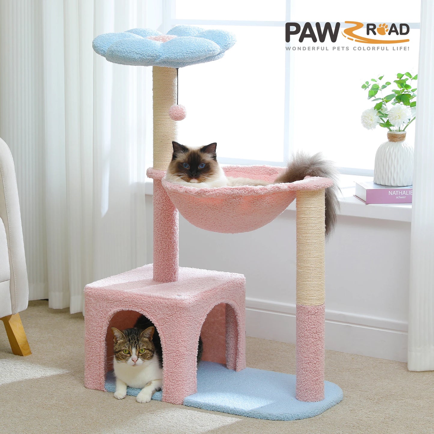 Cat Tree Flower with Large Metal Frame Hammock Cute Cat Tower with Sisal Scratching Posts for Small Indoor Cats with Pink Perch