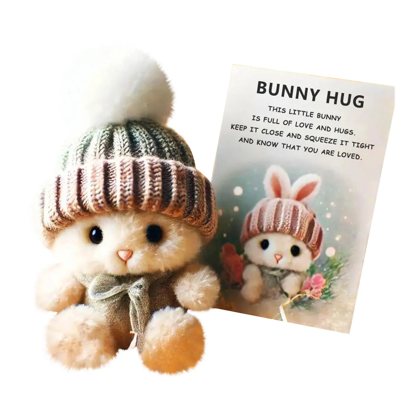 Mini Bunny Hug Doll Easter With Knitted Hat Plush Stuffed Rabbit Doll Emotional Support Animal With Gift Box Inspirational Card