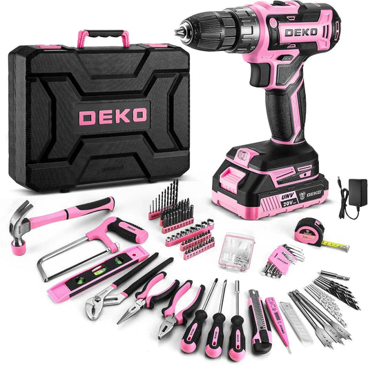 DEKO Pink Drill Tool Kit Set: 20V Cordless Power Drill Tool Box with Battery Electric Drill Driver
