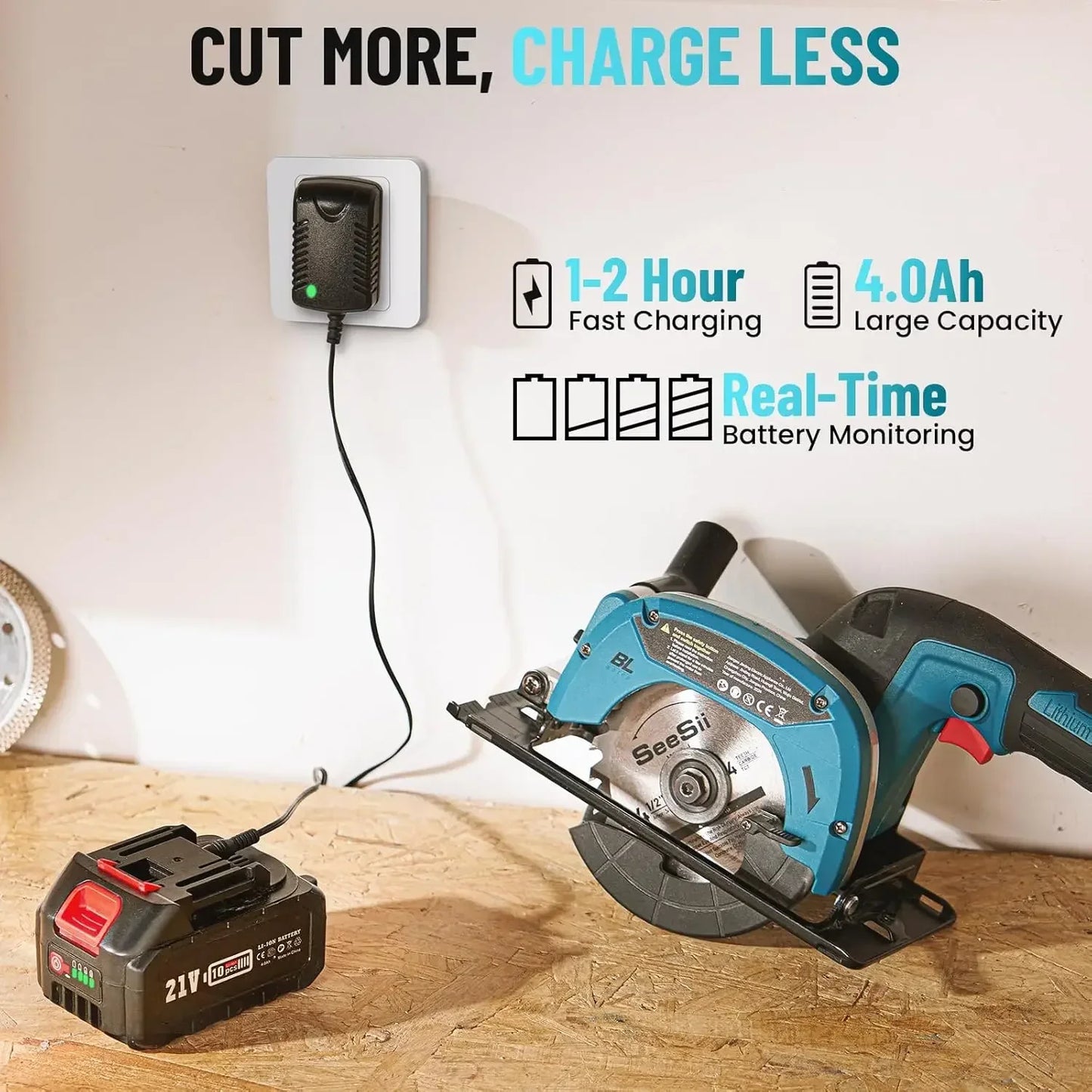 Seesii Cordless Mini Circular Saw 4-1/2" Electric Compact Circular Saw 5380RPM for Cutting Wood Plastic Soft Metal Power Tools