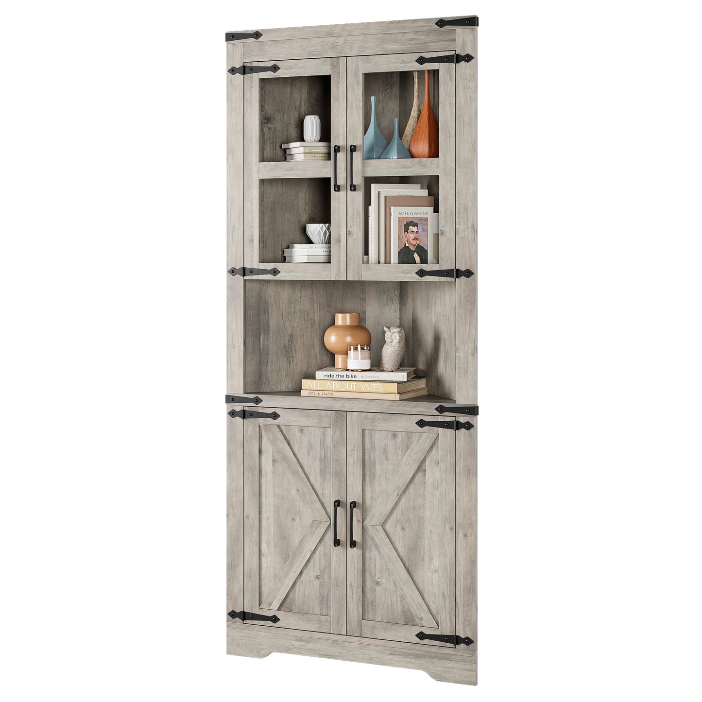 Farmhouse Corner Cabinet, Tall Corner Cabinet with Barn Door & Adjustable Shelves, Corner Storage Cabinet for Living Room