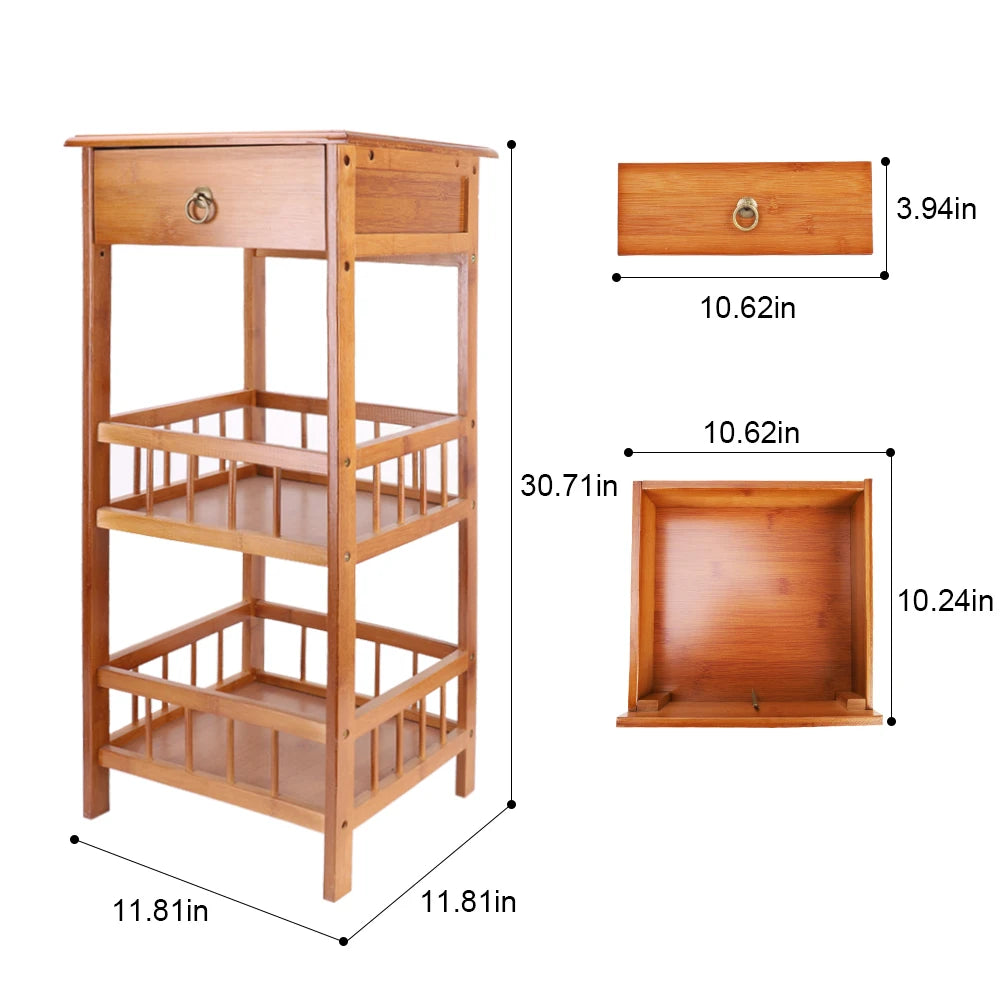 2-Tier Retro Bedside Table Bamboo Sofa Coffee End Table with Drawer Plant Display Storage Shelf Unit