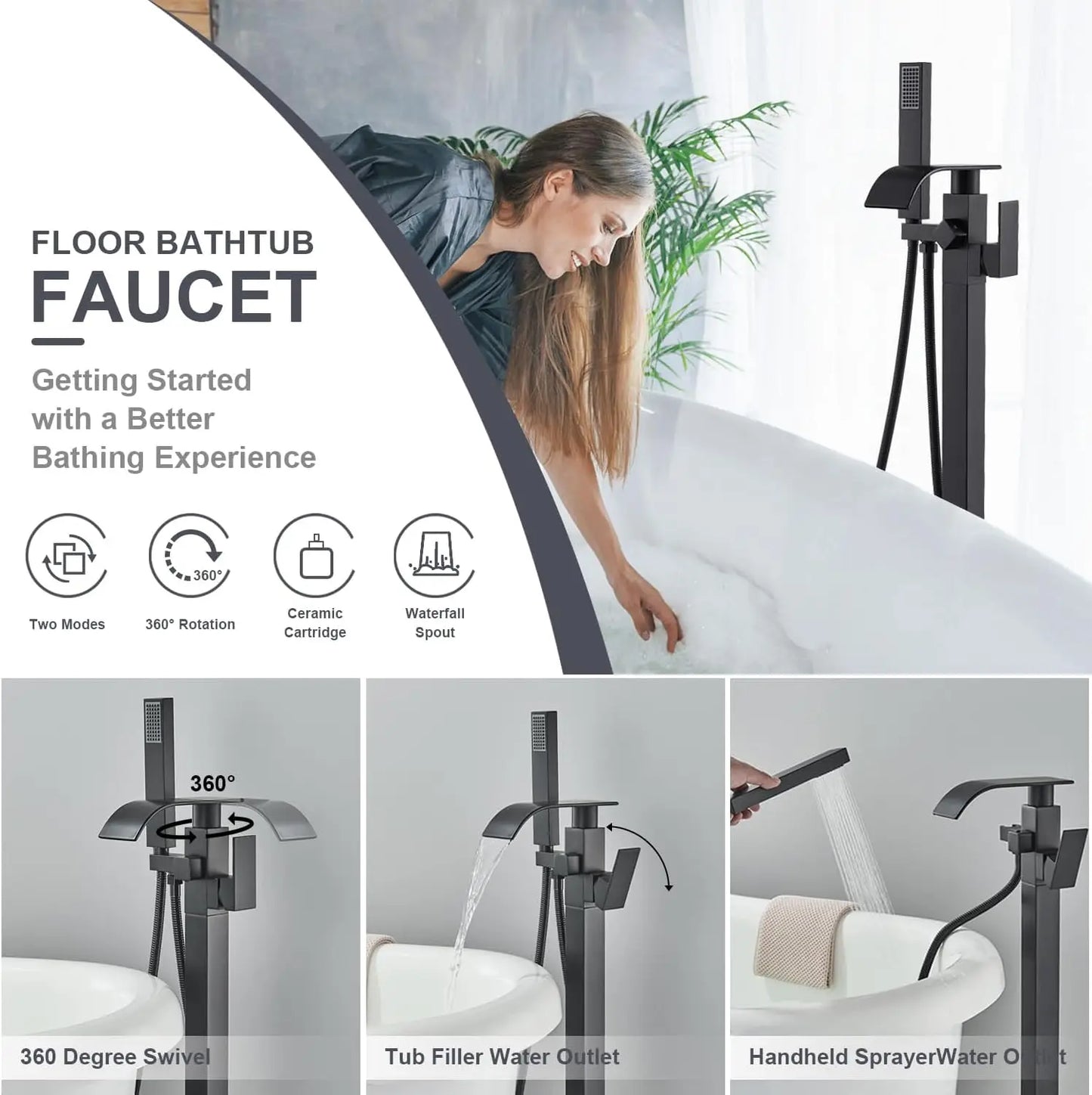 Black Waterfall Free Standing Tub Faucet With Hand Shower Brass Bathroom Faucets