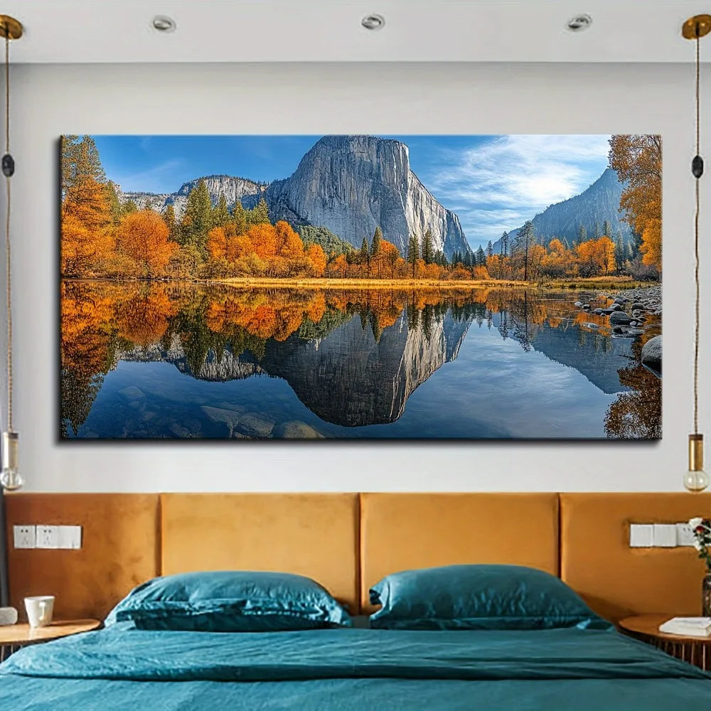1.5 inch thick pine solid wood frame,beautiful scenery of lake and mountain sunrise and sunset, printed art, painting decoration