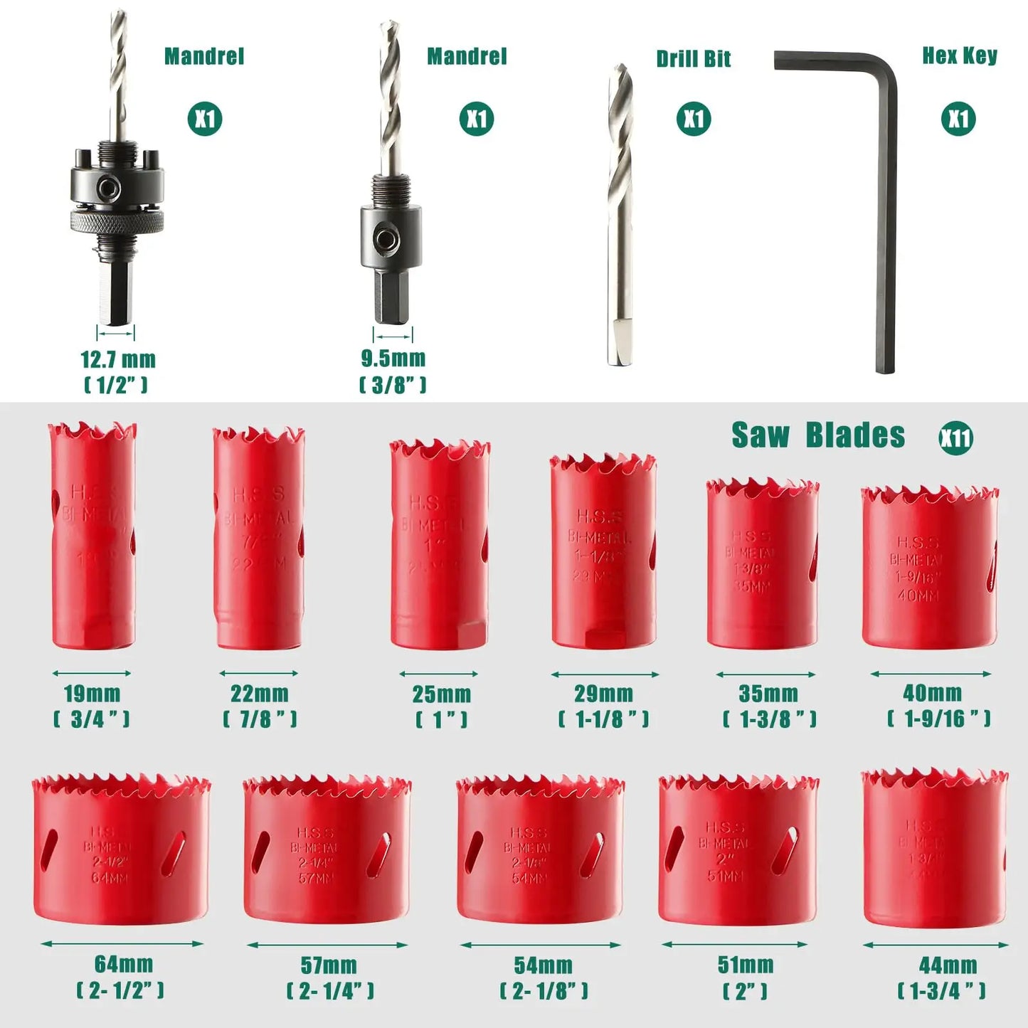 HYCHIKA 19-64mm 14pcs Hole Saws Set with Storage Box for Electric Screwdriver Drilling Metal Wood Power Tools Accessories