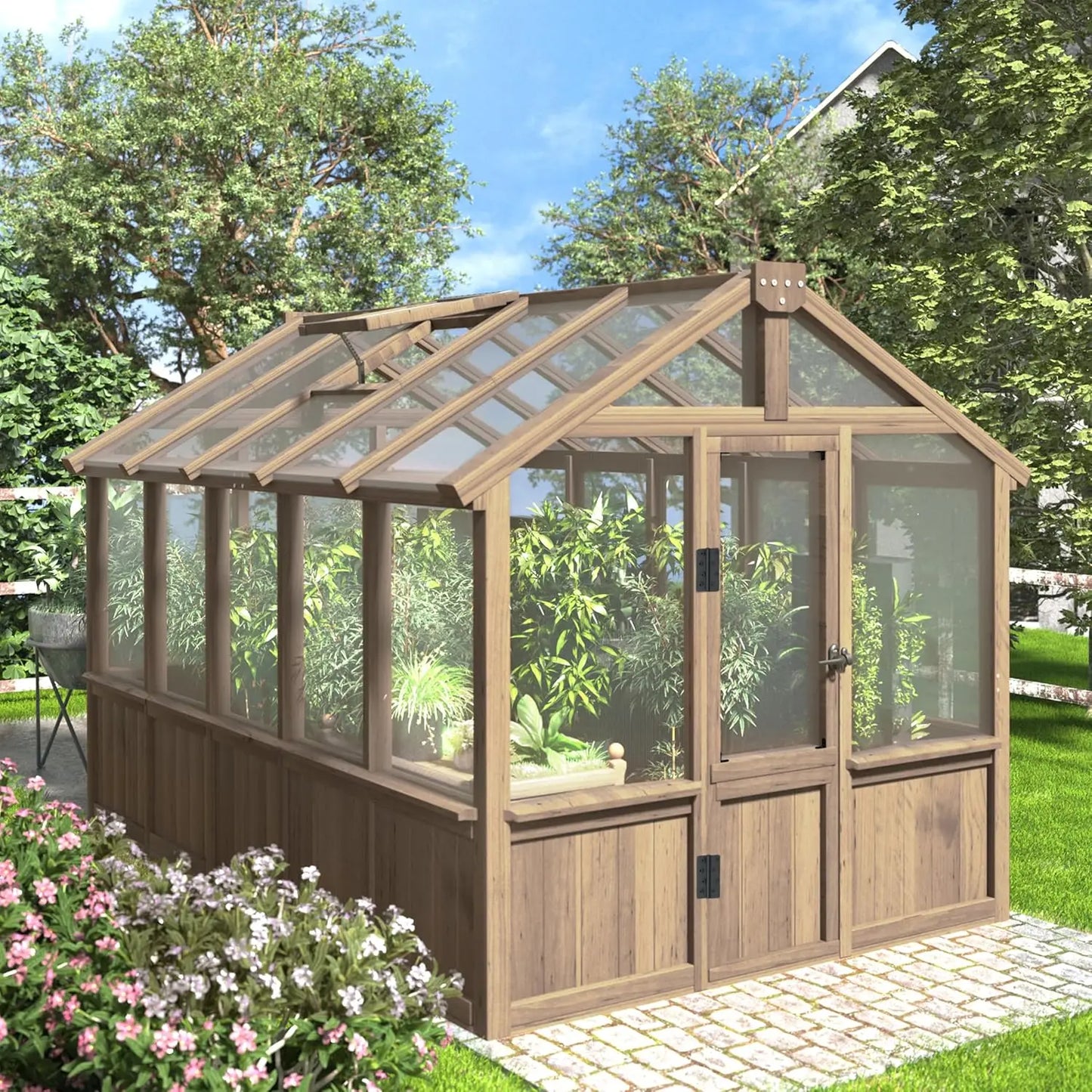 8' x 14' Wooden Greenhouse for Outdoor, Heavy Duty Green House with Ventilated Window and Lockable Door, Walk-in Greenhouse