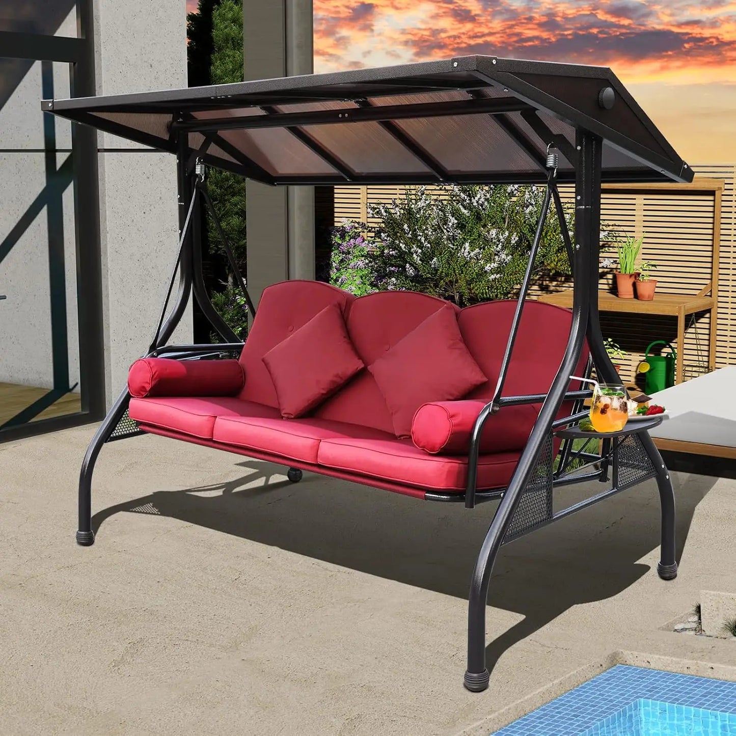 Outdoor Porch Swing with Polycarbonate Hardtop,  3 Seat Patio Swing with Convertible Backrest,  2 Side Cup Holder