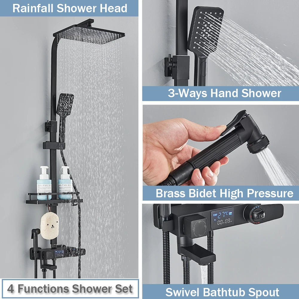 Rozin Black Smart Thermostatic Shower Faucet Set With Digital Mixer Rainfall