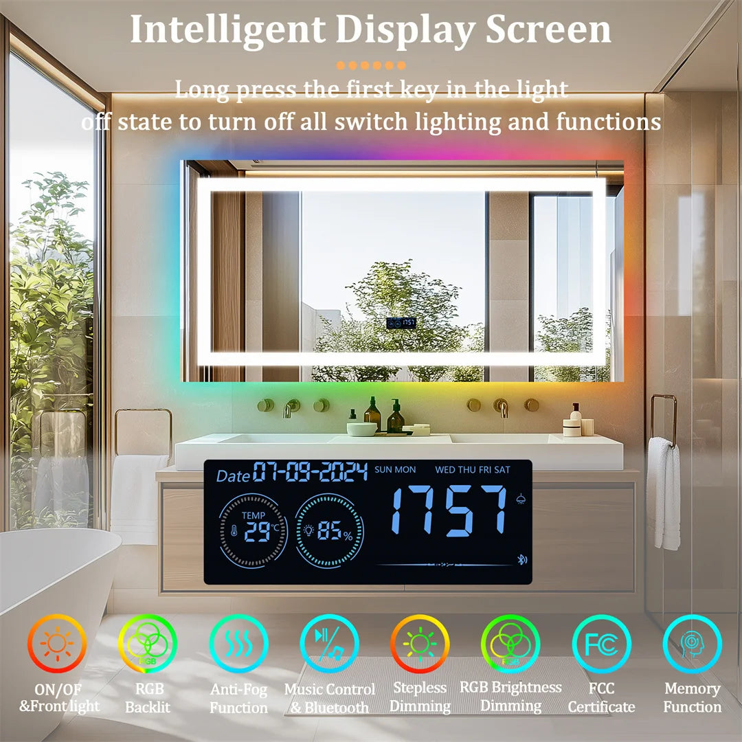 LUVODI Large Rectangular RGB Backlight Bathroom Mirror with Stereophonic Bluetooth Speaker Wall Mounted Vanity Dressing Mirror