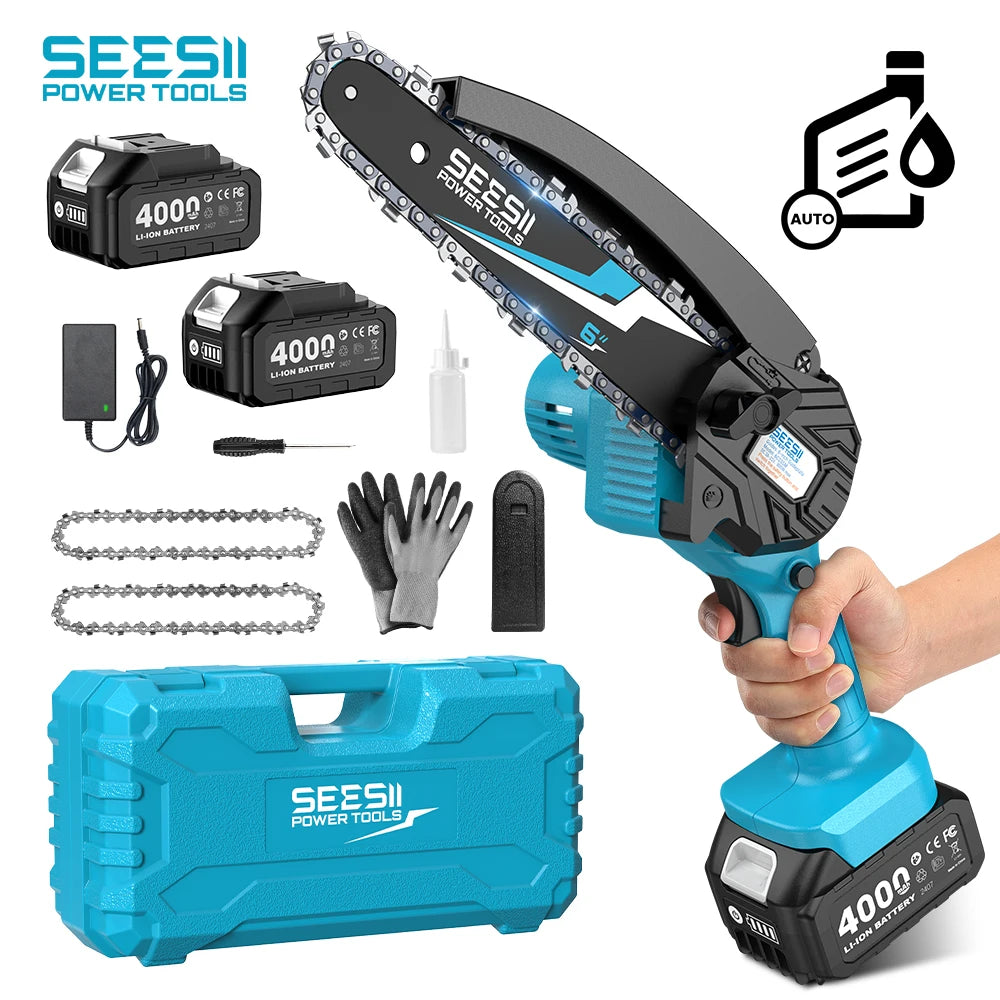 SEESII 6 Inch Cordless Mini Chainsaw 15.2 cm Cutting Depth Electric Saw With 18V Makita Battery Included For Woodworking