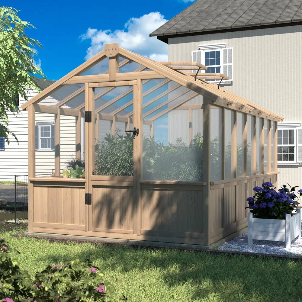8' x 14' Wooden Greenhouse for Outdoor, Heavy Duty Green House with Ventilated Window and Lockable Door, Walk-in Greenhouse