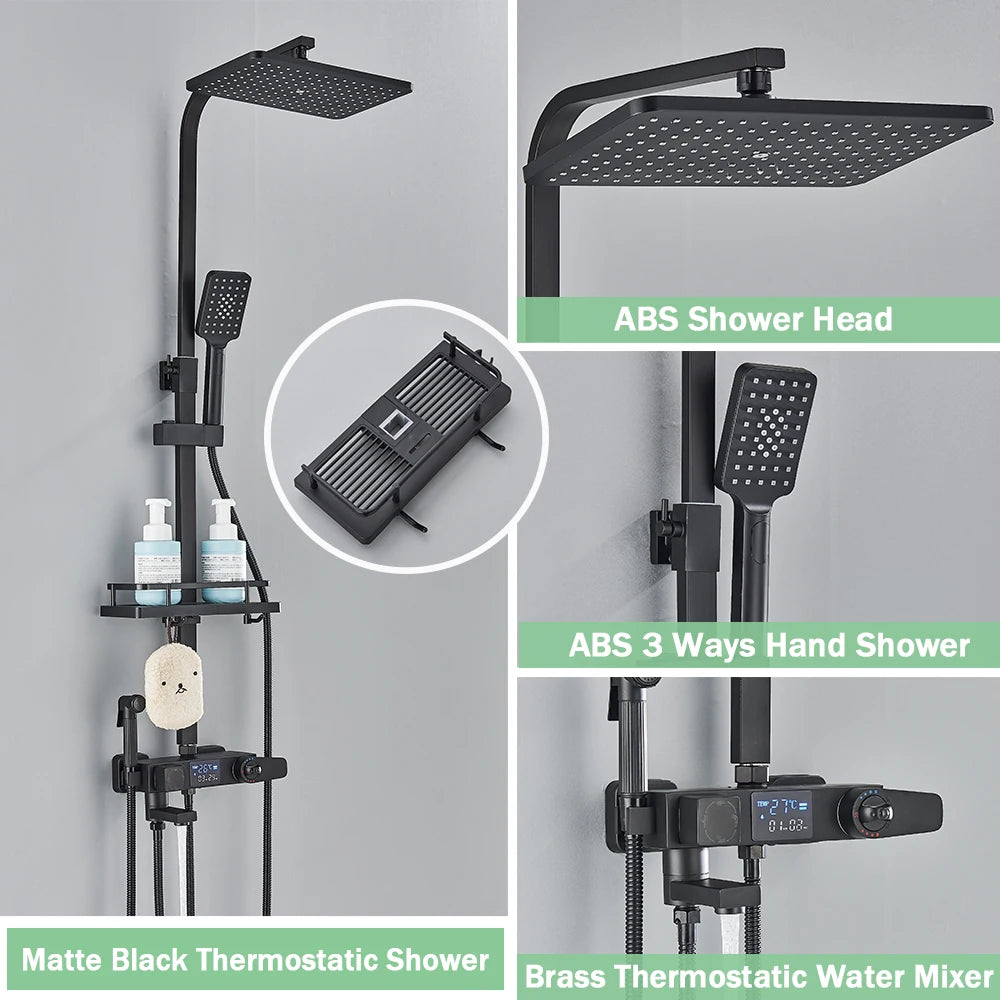 Rozin Black Smart Thermostatic Shower Faucet Set With Digital Mixer Rainfall