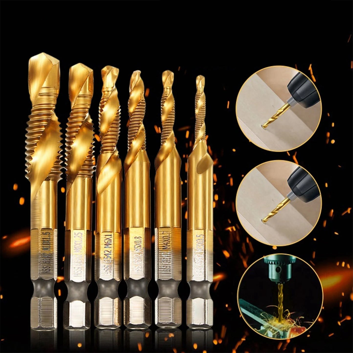 Screw Taps Tool Set Metric Thread M3-M10 Titanium Coated HSS Drill and Tap Bits 1/4" Hex Shank Drill and Tap Bit Thread Tap
