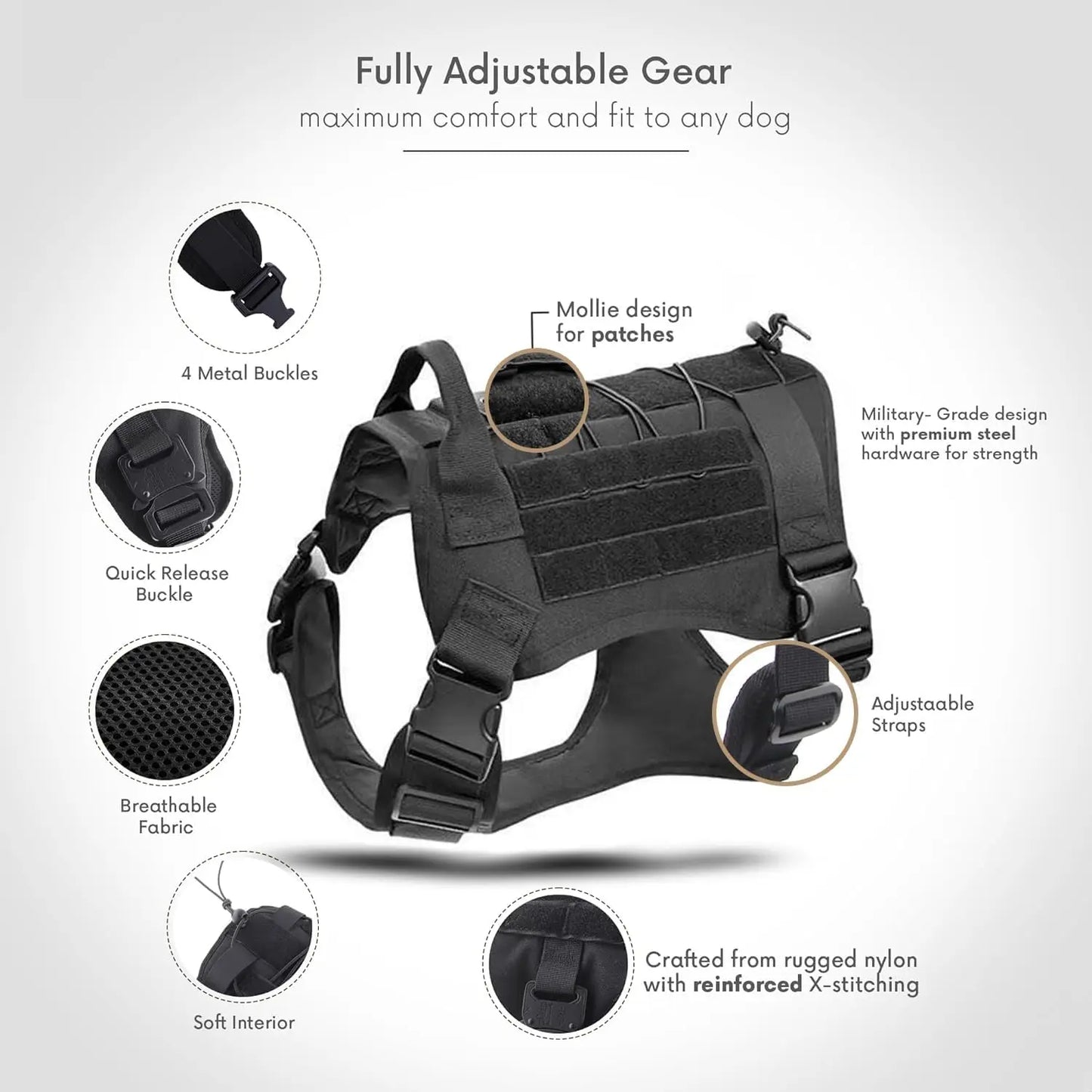 Dog Harness with Handle, Collar, and Leash Set No Pull Dog Harness with Patches- Adjustable Buckles for-Dogs, Escape Proof