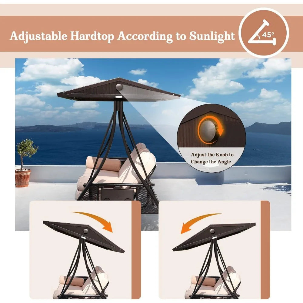 Outdoor Porch Swing with Polycarbonate Hardtop,  3 Seat Patio Swing with Convertible Backrest,  2 Side Cup Holder