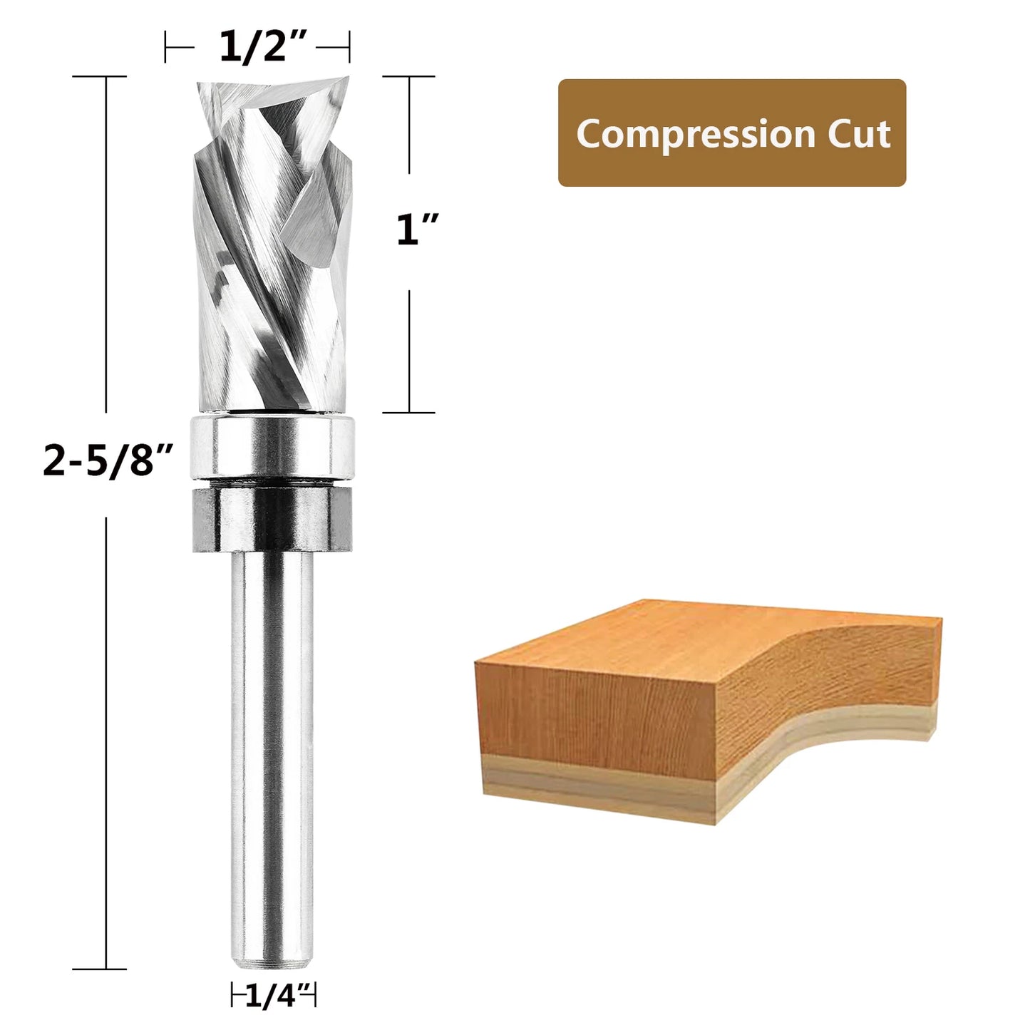 SpeTool 1pc Bearing Compression Spiral Flush Trim Router Bit, Solid Carbide Template Router Bit fo Pattern Work Woodworking Tool
