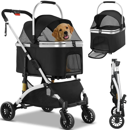 Dog Buggy 2 in 1 Stroller Dog Box Transport Foldable Cat Stroller, 360° Wear-resistant Rubber Wheels, with Storage Basket, 40kg