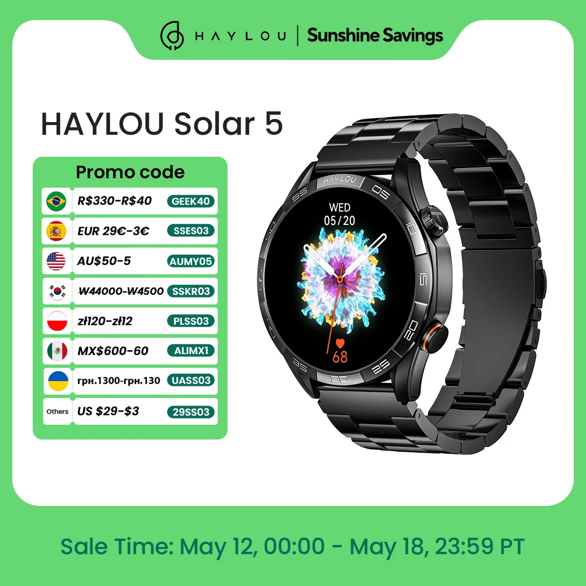 HAYLOU Solar 5 Voice Calling Smartwatch 1.58'' AMOLED Display 60Hz Smart Watch 24H Health Monitoring Sports Smartwatch for Men