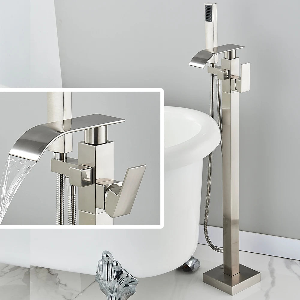 Black Waterfall Free Standing Tub Faucet With Hand Shower Brass Bathroom Faucets