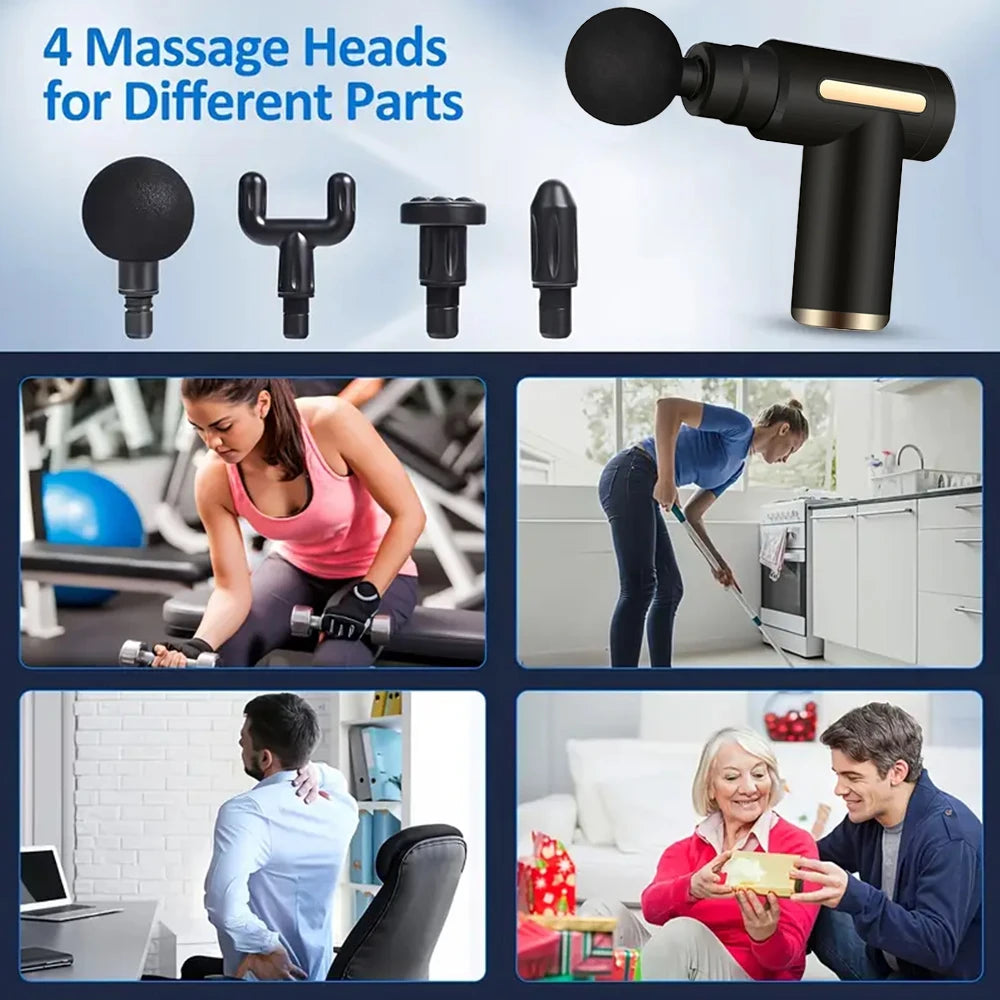 Mini Fascia Massage Gun Electric Massager Body Relaxation Belt 4 Replaceable Heads Fitness Equipment Fascia Gun