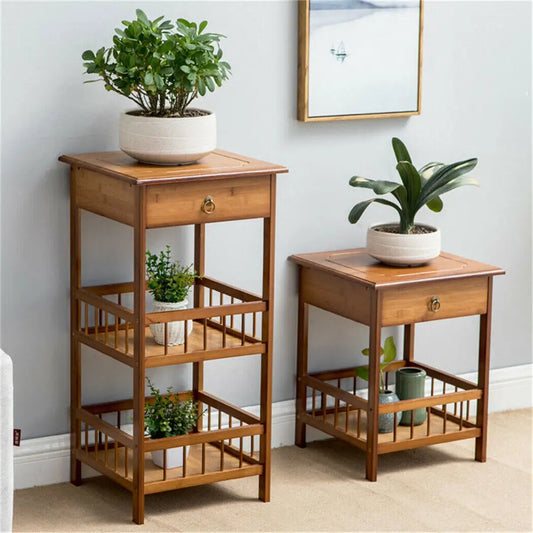 2-Tier Retro Bedside Table Bamboo Sofa Coffee End Table with Drawer Plant Display Storage Shelf Unit