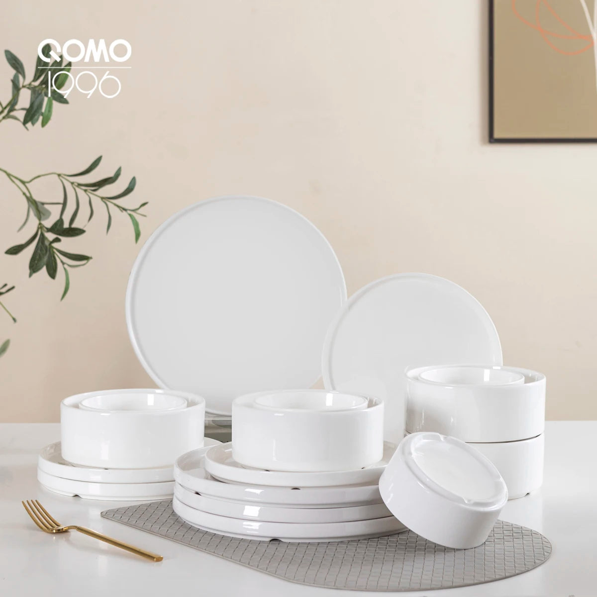 QOMO 16-Piece Dinnerware Set, Dishes Set with Bowls and Plates,  Service for 4, White