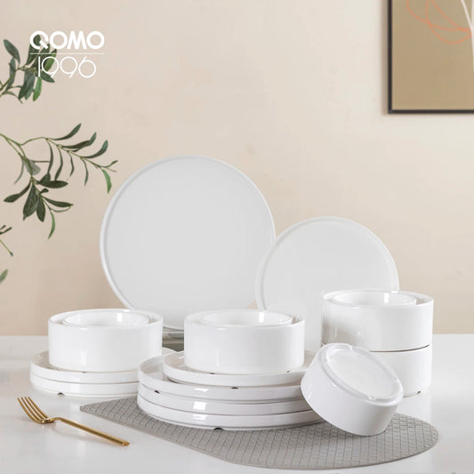 QOMO 16-Piece Dinnerware Set, Dishes Set with Bowls and Plates,  Service for 4, White