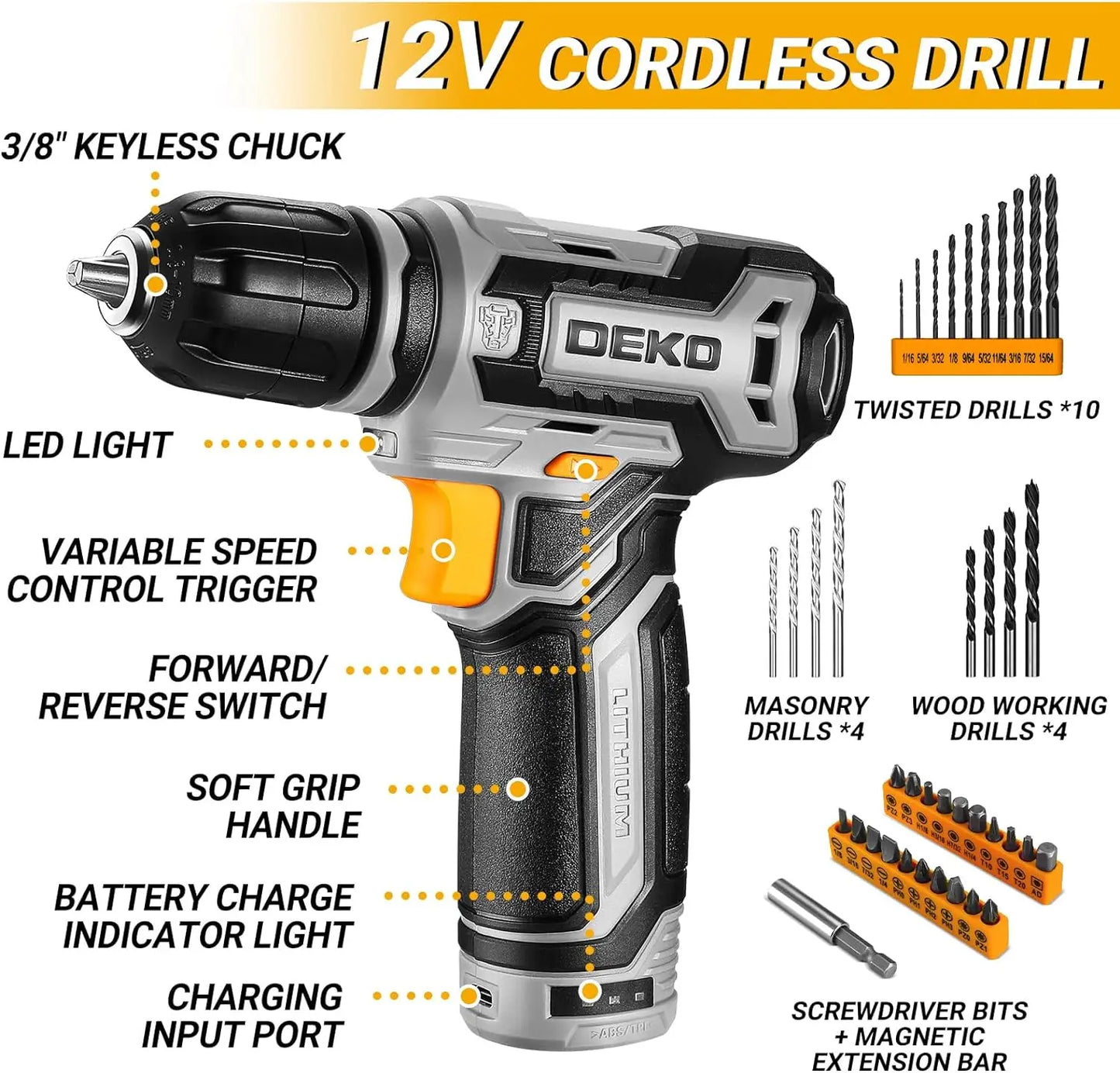 DEKO Cordless Drill Tool Box with 12V Battery Electric Drill Driver for Home Hand Repair Power Tools Sets Drills Case